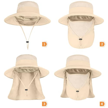 Sun Hats for Men Women Fishing Hat UPF 50+ Breathable Wide Brim Bucket Hats Summer UV Protection Safari Hat with Neck Flap - color: Beige (With Face Cover)
