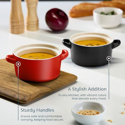 Kook Soup Crocks, Ceramic Stackable Bowls, Broil, Oven, Microwave and Dishwasher Safe, with Handles, For Casserole, Pasta, Cereal, Capacity 18 oz, Set of 4, (Matte Red) - color: Matte Red