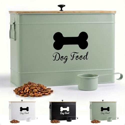 Dog Food Container Airtight Bamboo Lid 15-20 lb Sturdy Metal Handle 70 Cups | Pet Jar For Dogs up to 100lbs, Airtight Bamboo Lid, Sturdy Comfortable Metal Handle, Powder Coated Iron, Kibble Storage Bin - color: Sage Green