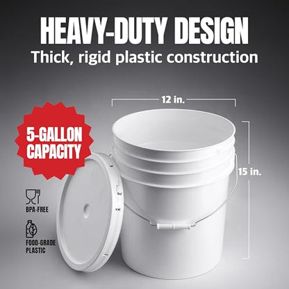 5-Gallon White Bucket Pail With Airtight Lid, Food Grade BPA-Free Premium HDPE, Made In USA, Heavy-Duty Extra Durable Multi-Use, Metal Handles Plastic Grip Easy Carrying, Stackable Easy Store - 1 Pack - size: 1 Pack