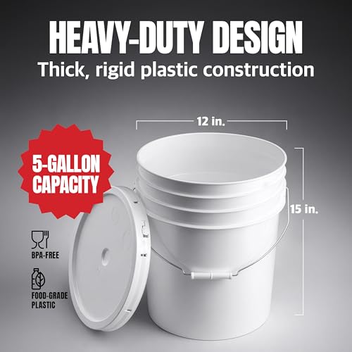 5-Gallon White Bucket Pail With Airtight Lid, Food Grade BPA-Free Premium HDPE, Made In USA, Heavy-Duty Extra Durable Multi-Use, Metal Handles Plastic Grip Easy Carrying, Stackable Easy Store - 6 Pack - size: 6 Pack