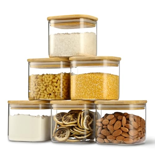 D2scrma 22oz Airtight Square Spice Containers with Bamboo Lid Set of 6 (650ml) Kitchen Pantry Organization Jar Stackable Spice Jar, for Sugar, Tea, Cookies and Coffee beans (‎with Black Lable) - size: 22oz*6