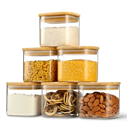 D2scrma 22oz Airtight Square Spice Containers with Bamboo Lid Set of 6 (650ml) Kitchen Pantry Organization Jar Stackable Spice Jar, for Sugar, Tea, Cookies and Coffee beans (‎with Black Lable) - size: 22oz*6