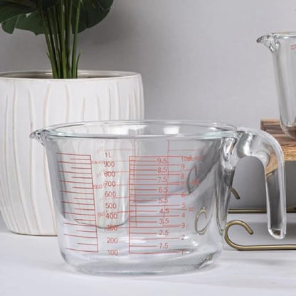 X-Large Tempered Glass Measure Cup - Bold Red Increments - 32 oz. - 4 Cup or 1000L- 10DL Multi Purpose Measuring, Liquid & Dry Ingredients - Kitchen Tool - Red