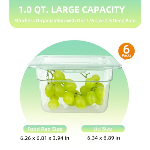 6 Pack 1/6 Size Food Pan with Lids,Stackable Freezer-Safe Meal Prep Containers for homes schools restaurants hotels -40°F to 212°F (1/6 size 4 inch deep, 1.53L/1.62QT) - size: 1/6 size 4 inch deep