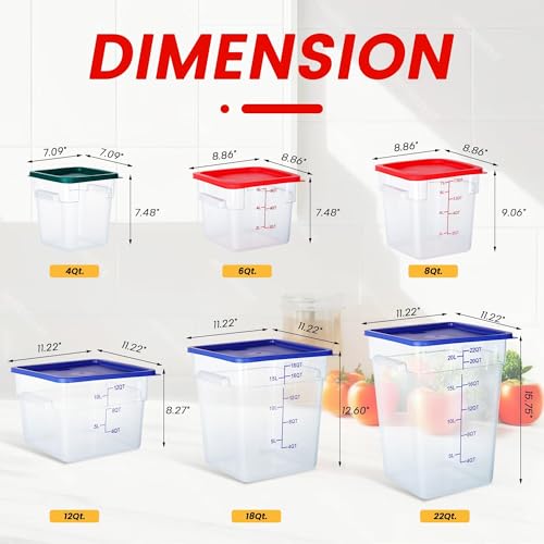 4 Pack 8 Qt Square Polycarbonate Food Storage Containers with Lids | Clear BPA-free PC with lids, side handles, measurement scale and stackable design; for food prep, storage and freezer use. - color: 8Qt