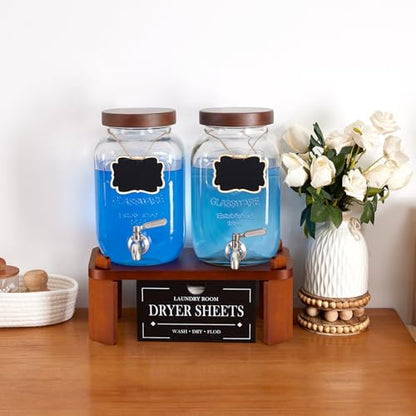 2PCS Large Drink Dispensers for Parties,Glass Beverage Dispenser with Wood Stand,Lemonade Drink Dispenser with Stainless Steel Spigot for Fridge,Water, Juice,Punch,Cocktails,Ice Tea & Sun Tea