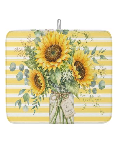 Dish Drying Mat for Kitchen Counter Sunflower Drying Pad Absorbent Drying Mats for Countertops Sinks Draining Racks Glass Mason Jar Yellow Stripes Drainer Kitchen Decor 16x18 Inch - color: Yellow
