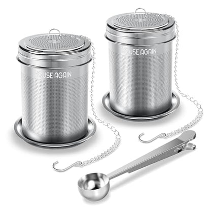 HOUSE AGAIN Tea Infuser (2 Pack with Scoop), Extra Fine Mesh Tea Infusers for Loose Tea, 18/8 Stainless Steel Tea Strainer with Extended Chain Hook, Tea Steeper for Brew Tea, Spices & Seasonings - size: Small × 2 with Spoon