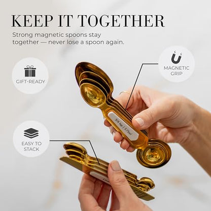 White and Gold Measuring Spoons with Leveler - Featuring 8PC Upgraded Style, Dual-Sided, Stackable, Stainless Magnetic Measuring Spoons Set - Fits in Spice Jars, White and Gold Kitchen Accessories - color: White & Gold