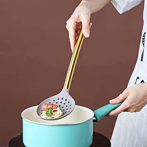 Gold Skimmer, Berglander Non-stick Silicone Strainer With Titanium Gold Plating handle, Kitchen Cooking Skimmers For Non-Stick Cookware, Dishwasher Safe, Easy to Clean - style: h. Skimmer