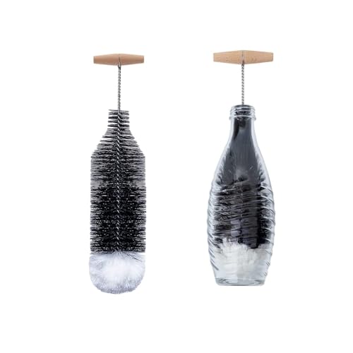 2in1 35cm Extra Long Bottle Brush with Wooden Handle, 100% Scratch-Free Bottle Cleaning Brush Deep Cleaner for Washing Thermos Cup Narrow Neck Beer, Wine Bottles (Black)