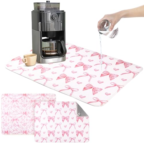 SiliFine 2 Pcs Large Coquette Pink Bow Dish Drying Mat Large for Kitchen, 18 X 24 Inch Bow Absorbent Microfiber Coffee Bar Pad for Women Counter Kitchen Home Accessories Party Gifts - style: Pink Bow