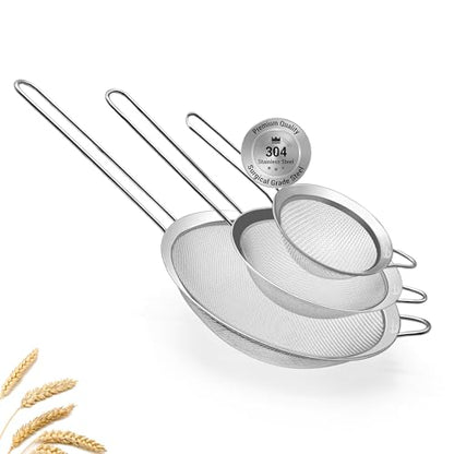 3 Fine Mesh Strainers Set with Handle for Kitchen - Sizes 7", 4.7", 3.3", Easy Clean 304 Stainless Steel, Comfortable Non-Slip Grip. Ideal for Tea, Coffee, Rice, Quinoa, Veggies & Fruits
