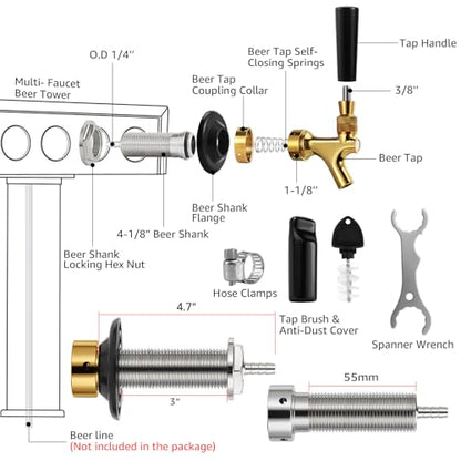MRbrew Draft Beer Long Shank Faucet Kit, 4-1/8'' Beer Shank No Leak 1/4'' Beer Line Nipple Barb Fitting 304 stainless steel Self-Closing Golden Beer Tap for Kegerator Brewing Home Beer Party