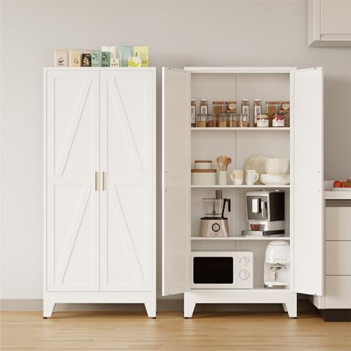COFaR 61'' Tall Metal Storage Cabinet, Farmhouse Kitchen Pantry Cabinet with Doors and 3 Adjustable Shelves, White Metal Cabinets for Kitchen, Bathroom, Laundry, Garage, 4-Tier - color: White, size: 61 Tall 2 Doors-Tree Door