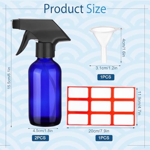 Fumete 2 Pack Glass Bottles 4oz Empty Refillable Liquid Containers with 1 Label 1 Funnel for Essential Oils Hair Travel Plants Cleaning Skin Care (Spray Bottle, Blue, Black Top) - color: Blue, Black Top, style: Spray Bottle