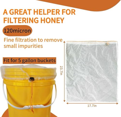 SPMKTQK Honey Strainer, 4 Pcs Honey Filter Bag Ultra-Fine Mesh Strainer with Adjustable Drawstring, Beginner Honey Extractor Equipment in a 5 Gallon Bucket, Bee Supplies Reusable and Washable