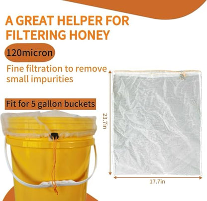 SPMKTQK Honey Strainer, 4 Pcs Honey Filter Bag Ultra-Fine Mesh Strainer with Adjustable Drawstring, Beginner Honey Extractor Equipment in a 5 Gallon Bucket, Bee Supplies Reusable and Washable