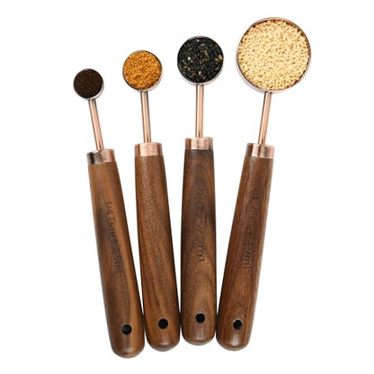 Copper Measuring Cups & Spoons Set 8, Stainless Steel Measuring Cups and Spoons Set for Baking and Kitchen, Metric & US Metal Measure Cup & Spoon with Wood Handle for Dry & Liquid - color: Copper