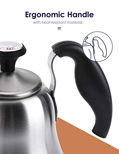 Tea Kettle with Thermometer, Gooseneck Pour Over, 28oz, Brushed | Food Grade Stainless Steel, Precise Gooseneck Spout, for Camping, Home & Kitchen, Induction & Gas Applicable - style: Brushed Silver（with Thermometer）