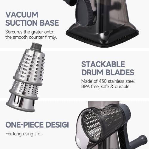 Rotary Cheese Grater with Handle Kitchen Shredder Slicer Grater Slicer Ice Shaver Cheese Vegetable Nuts Potato Zucchini Chocolate 3 Interchangeable Blades (Grey TSP) - color: Dark Grey TSP