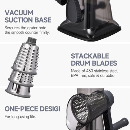 Rotary Cheese Grater with Handle Kitchen Shredder Slicer Grater Slicer Ice Shaver Cheese Vegetable Nuts Potato Zucchini Chocolate 3 Interchangeable Blades (Grey TSP) - color: Dark Grey TSP