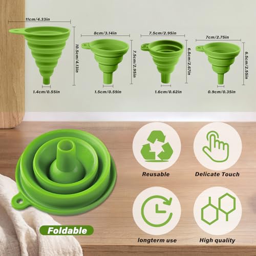 4 Pack Collapsible Silicone Funnels Kitchen Use Foldable Food Grade Liquid Transfer Tools Oil Water Spice Jar Bottle Filling, 12 g, 15 g, 20 g, 35 g - color: Green, size: 4Pack