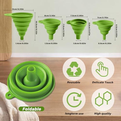 4 Pack Collapsible Silicone Funnels Kitchen Use Foldable Food Grade Liquid Transfer Tools Oil Water Spice Jar Bottle Filling, 12 g, 15 g, 20 g, 35 g - color: Green, size: 4Pack