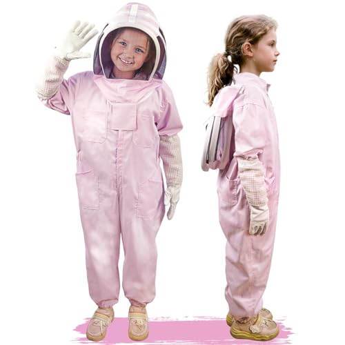 Pink Kids Bee Suit Bee Suits for Kids and Girl Full Body Kid Beekeeping Suit with Veil Hood and Glove Children Beekeeper Bee Costume 100% Cotton Skin Breathable for Family, Backyard, Gifts, Halloween