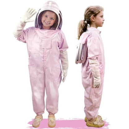 Pink Kids Bee Suit Bee Suits for Kids and Girl Full Body Kid Beekeeping Suit with Veil Hood and Glove Children Beekeeper Bee Costume 100% Cotton Skin Breathable for Family, Backyard, Gifts, Halloween