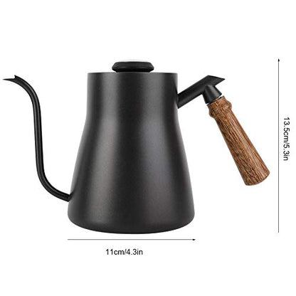 Fdit Coffee Kettle with Thermometer, 850ml Stainless Steel Drip Kettle, Wooden Handle, PTFE Coating, Black