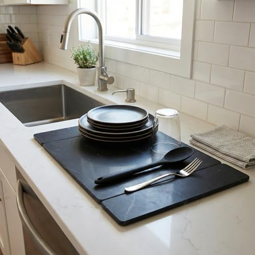 Selegna Stone Drying Mat for Kitchen Counter, Diatomite Stone Dish Drying Mat & Kitchen Sink Mat, Quick-Dry Diatomaceous Earth Counter Mat, Collapsible Tri-Panel Design - color: Charcoal