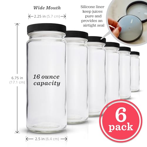 All About Juicing Clear Glass Water Bottles Set - 6 Pack Wide Mouth with Lids for Juice, Smoothies, Beverage Storage - 16 oz, Durable, Reusable, Dishwasher Safe, Leak Proof (Black Caps) - color: 16oz Black Caps