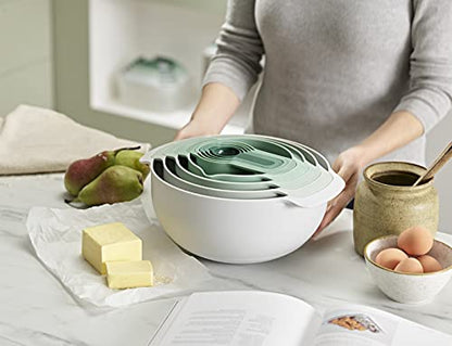 Joseph Joseph Nest 9 Plus, 9 Piece Compact Food Preparation Set with Mixing Bowls, Measuring cups, Sieve and Colander, Editions Range, Sage Green - color: Green, style: Plastic