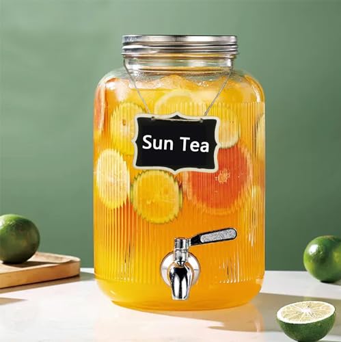 1-Gallon (3.8L) Glass Beverage Drink Dispenser with Stainless Steel Spigot and Lid, Glass Drink Jar Brew Kombucha,Mason jar Container for Water Juice Sun tea Dispenser at Party Fridge,Clear