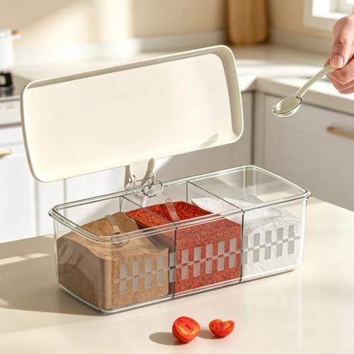 Clear Seasoning Box,Clear Divided Spice Seasoning Box with Flip Lid, Food-Grade,Transparent Design,Seasoning Storage Container Condiment Jars Spice Box Set (2 PCS - 3 Compartments) - color: 2 PCS - 3 Compartments
