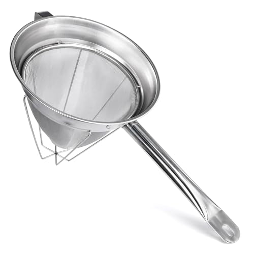 10 Inch Chinois Strainer,18/8 Stainless Steel Conical Fine Mesh Bouillon Sieve, Heavy Duty China Cap Strainers with Stand for Sauces Soups Broth Purees Jam