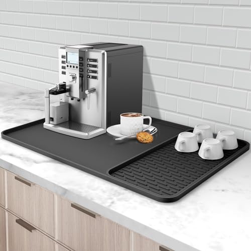 Silicone Coffee Mat, 24''x16'' Bar Mat with Detachable Dish Drying Mat - Fits Under Coffee Maker & Dish Rack - color: Black, size: 16" x 24"