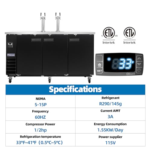 Polarman Commercial Beer Dispenser Two Single-tap Draft Kegerator 3 Door Keg Refrigerator for Bars and Restaurants 73” W Stainless Steel With 4 Coupler, 33°F- 41°F Temperature Control-Direct Draw - size: 73"W Two tower Double-tap