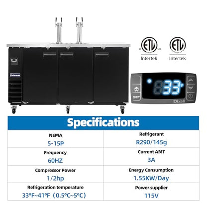Polarman Commercial Beer Dispenser Two Single-tap Draft Kegerator 3 Door Keg Refrigerator for Bars and Restaurants 73” W Stainless Steel With 4 Coupler, 33°F- 41°F Temperature Control-Direct Draw - size: 73"W Two tower Double-tap