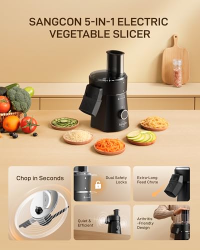Sangcon Electric Cheese Grater for Block Cheese, 5-in-1 Automatic Salad Shooter & Vegetable Slicer with 5 Stainless Steel Blades, One-Touch Countertop Electric Grater for Cheese, Vegetables, Nuts
