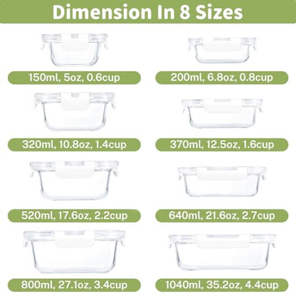 HOMBERKING 8 Pack Glass Food Storage Containers with Lids, Meal Prep Containers, Airtight Bento Boxes with Leak Proof Locking for Microwave, Oven, Freezer and Dishwasher, BPA Free, 5-35oz, white - color: White