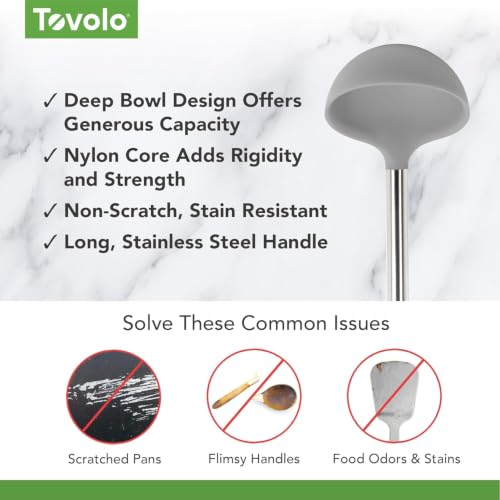Tovolo Silicone Ladle With Stainless Steel Handle Deep Soup Ladle for Cooking Canning Serving Soup Punch Stew Sauce, Large Kitchen Utensil Spoon Dishwasher Safe BPA Free Silicone Oyster Gray - color: Oyster Gray