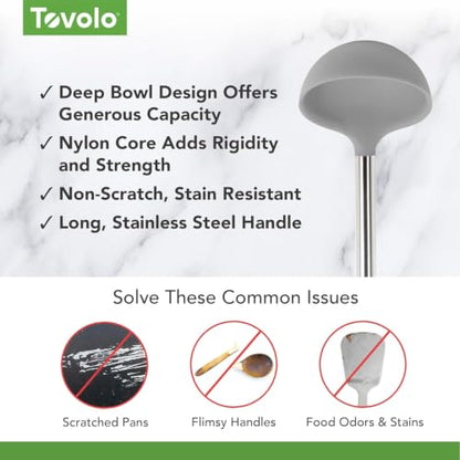 Tovolo Silicone Ladle With Stainless Steel Handle Deep Soup Ladle for Cooking Canning Serving Soup Punch Stew Sauce, Large Kitchen Utensil Spoon Dishwasher Safe BPA Free Silicone Oyster Gray - color: Oyster Gray