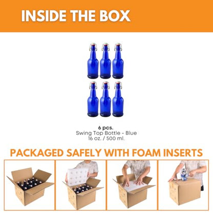 FastRack Swing Top Glass Bottles |16 oz – Pack of 6 | Blue Flip Top Glass Bottles for Home Brewing, Carbonated Drinks, Kombucha, Fermentation, Water | Food Grade – ECO Friendly - color: Blue