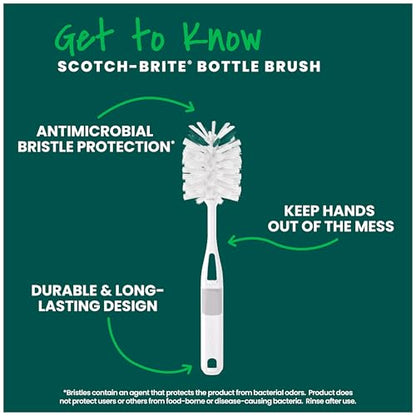 Scotch-Brite Glass and Water Bottle Brush, Long-Lasting, Safe on Glassware, Shaker Bottles, Food Processors, & More, Non-Slip Handle, Durable, Reusable, Clean in Top Rack of Your Dishwasher