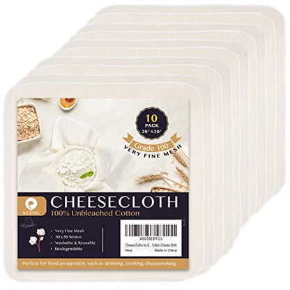 Precut Cheesecloth, 20 x 20'' 10 Pack, Grade 100, Ultra Fine Cheese Cloth for Straining & Cooking, 100% Unbleached Cotton Muslin Cloth for Making Cheese - size: 20x20'' 10 Pack