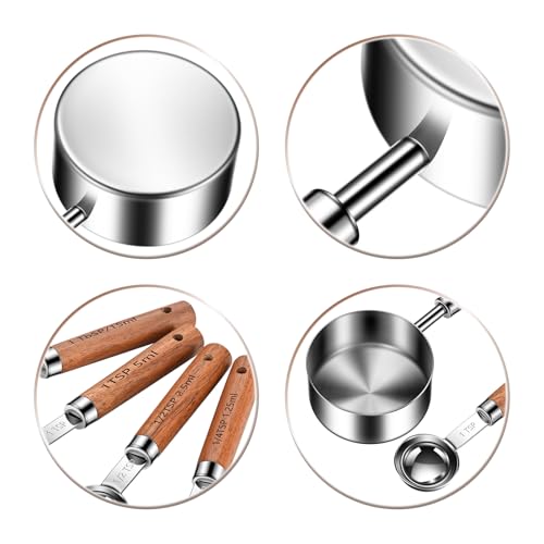 Wooden Handle Measuring Cups & Spoons Set 8-Piece – Stainless Steel, Stackable, Rustic Farmhouse Kitchen Gadgets, Non-Toxic, Dishwasher Safe, Gift for Bakers & New Homeowners. - size: Silver-wood handle