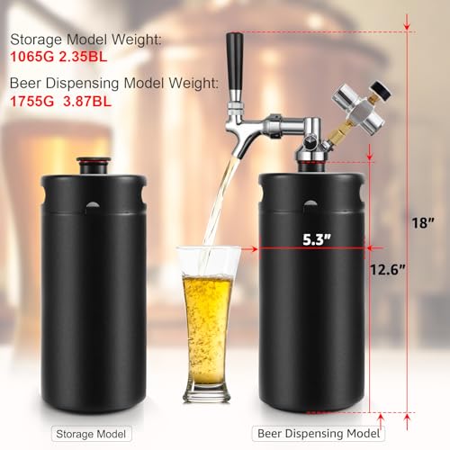 Hgkeke128OZ Mini Keg Growler,Stainless Steel Beer Keg Tap System Portable Draft Beer Dispenser to Keep Fresh and 55PSI CO2 Pressure Growler Carbonation, Beer Tap System for Homebrew,Camping,BBQ(Black)